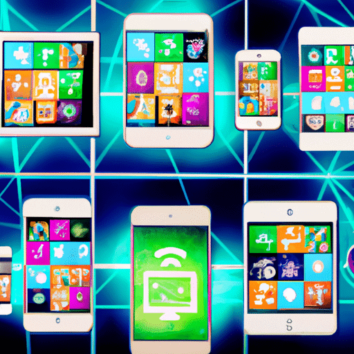 A collage of mobile devices showcasing various mobile apps and technologies.