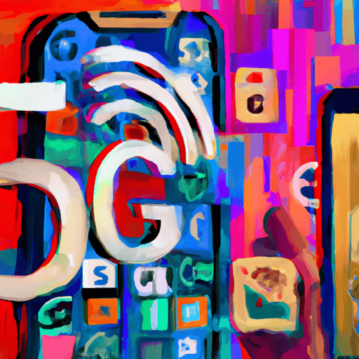 A futuristic mobile phone emitting 5G waves while surrounded by AI algorithms, coding symbols, and security locks.